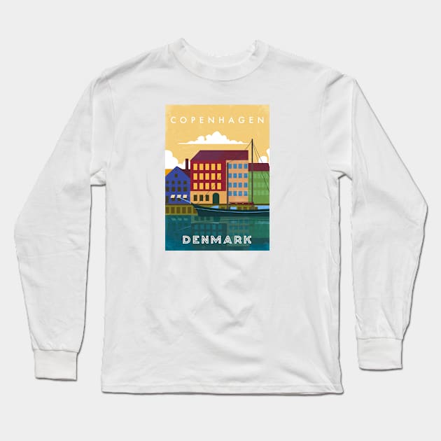 Copenhagen, Denmark. Retro travel poster Long Sleeve T-Shirt by GreekTavern